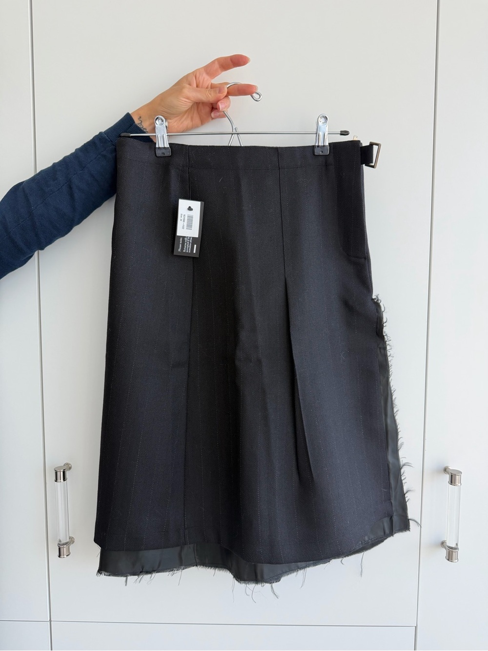 Our Legacy Black Midi Skirt with Frayed Edge and Buckle